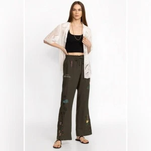 Johnny Was Biya Simmie Linen Embroidered Drawstring Green Pants Size Large - Picture 1 of 10