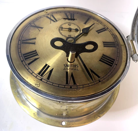 Smiths Astral Brass Bulkhead Clock With Key Hinged Front Glass Working With Key Cover