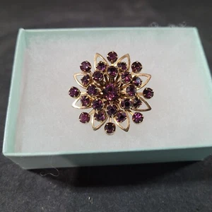 Vintage Purple Rhinestone Flower Cluster Brooch Gold Tone JUDY LEE Style Small - Picture 1 of 7