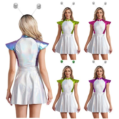 MARKENLOS DE Damen Alien Kostüm Weltall Astronaut Kostüm Space Kleid Metallic Tanzkleid