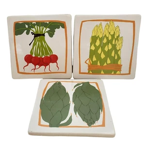 3er Set Vintage 70er Jahre Sassafras Hängefliesen Untersetzer Rettich, Spargel, Artischocke - Bild 1 von 5