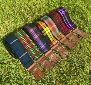 Handmade Scottish Tartan 70's Guitar Strap by VTAR with Vegan brown leather - Picture 1 of 8