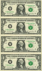 2003-A Atlanta GA $1 Federal Reserve Note Uncut Sheet of 4 JBS - Picture 1 of 2
