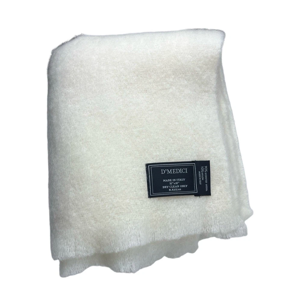 Manta de lana D'MEDICI Worsted 50x60 blanco roto flecos lujo hecha en Italia Foto 1 de 4