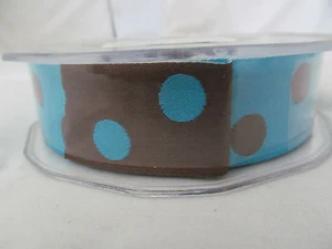New 1" x 20 Yards May Arts Ribbon Brown & Turquoise Blue Polka Dot Reversible - Picture 1 of 2