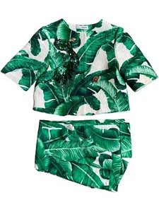 Dolce Gabbana Banana Leaf Cropped Jacket Pants Set 9/10 Green Sequin Brocade - Picture 1 of 17