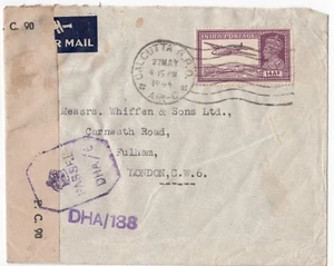 India; 1944 Airmail Cover, Calcutta GPO PMK On 14 Annas To GB, Censor Tape - Picture 1 of 2