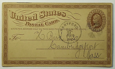 1874 SC #UX3 Liberty 1c Bank Note Postcard  Hartford CT to Camebridgeport MA - Image 1 of 2