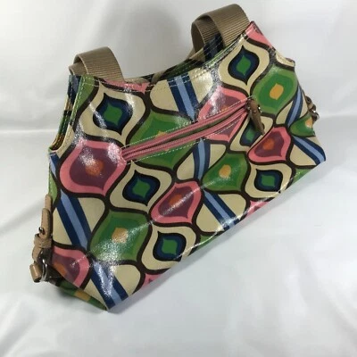 Franco Sarto Multicolor Peacock Print Satchel Handbag, Retro, Pink, Blue, Green - Imagem 1 de 4