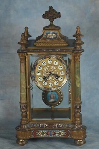 Superb Antique French Cloisonne Champleve Crystal Regulator & Green Onyx Clock - Picture 1 of 9