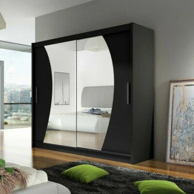 Wardrobe Black with Sliding Doors with Mirror Hanging Rail Brand New BEGA IX-180 - Image 1 of 2