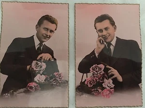 * 2 Cartes postales au bromure "JEUNE HOMME ET CORBEILLE DE FLEURS " - Picture 1 of 1