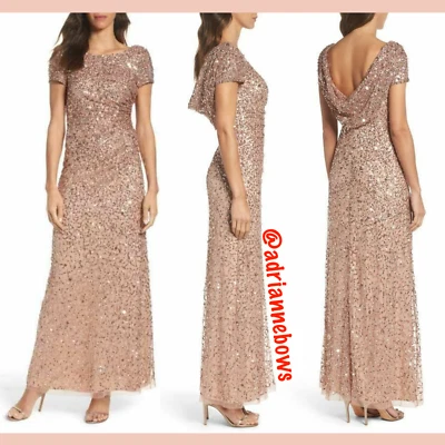  NWT $299 Adrianna Papell Sequin Cowl Back Gown in Rose Gold [PETITE 2P ] #G47 - Image 1 of 4