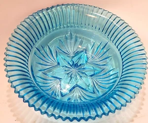 GLASS FRUIT BOWL 1930’S VIVID BLUE ART DECO STAR PATTERNED PRESSED GLASS 21CM - Picture 1 of 2