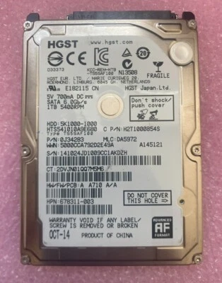HGST 1TB HTS541010A9E680 SATA 8MB Cache 5400RPM TS5SAF100 Laptop Hard Drive - Image 1 of 2