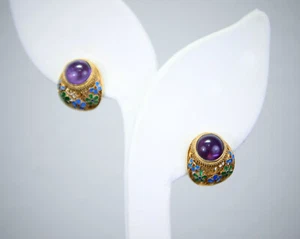 Vintage Vermeil 925 Sterling Silver (Gold Wash) Amethyst, Enamel Flower Earrings - Picture 1 of 12