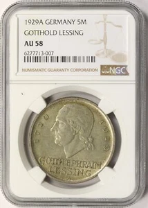 1929-A Germany 5M Five Mark Silver Gotthold Lessing NGC AU58 - Picture 1 of 4