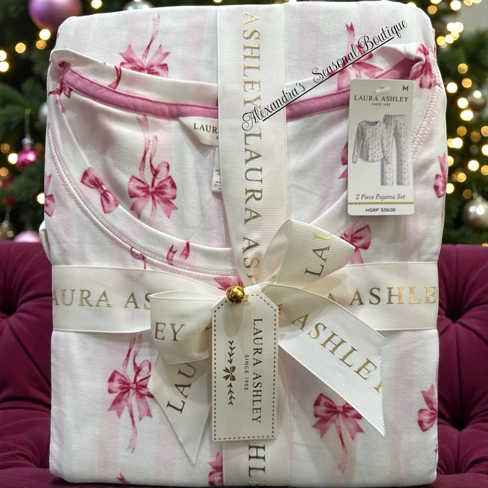 Laura Ashley Christma Soft Long Sleeved Pajama 2 Piece Set M Pink Bows Ribbons - Image 1 of 4