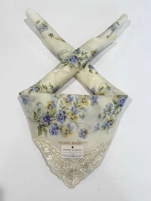 "Pañuelo Pierre Balmain Floral Crema Floral Encaje Algodón Cuadrado 20"" nuevo con etiquetas" Foto 1 de 4