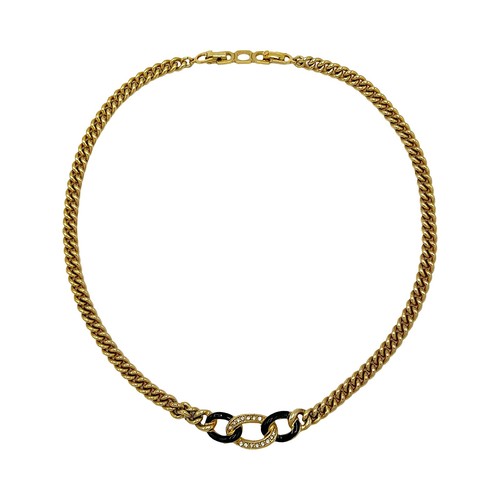 Collana Christian Dior catena oro gourmette bordo cristallo smalto nero vintage
