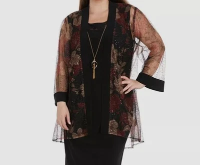 R&M Richards Women's Black Floral Sheer Sequin Jacket Plus Size 18W - Image 1 of 3