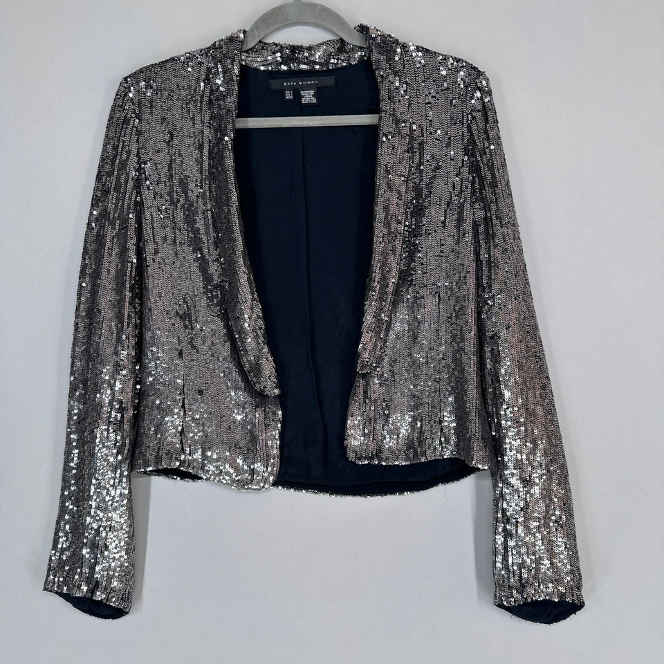 ZARA Woman Sequin Jacket S Silver Metallic Blazer Collarless Crop Evening Party - Image 1 of 4