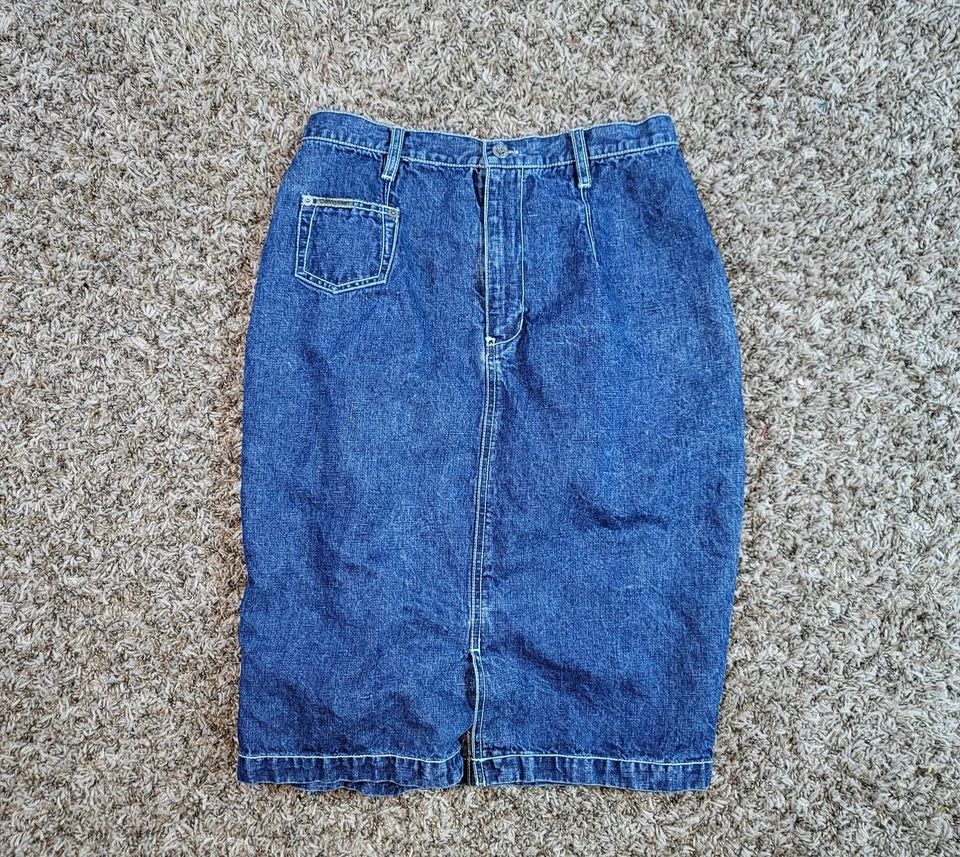 Falda vintage para mujer Calvin Klein 10 bolsillos de algodón lavado oscuro de mezclilla azul Foto 1 de 4