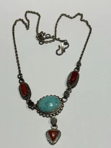 VINTAGE STERLING SILVER, TURQUOISE & CORAL NECKLACE - Picture 1 of 4