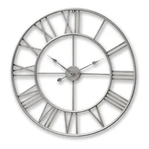 Large Antique Silver Skeleton Metal Round Wall Clock Roman Numerals 80cm  - Picture 1 of 3