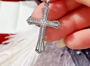 AUSTRIAN CZ CRYSTAL CROSS Pendant On 20" 925 Sterling Silver Necklace Women - Picture 1 of 10