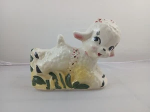 Vintage Lamb Planter Art Pottery Jumping in Grass 1950's Nursery Pink Yellow - Picture 1 of 6