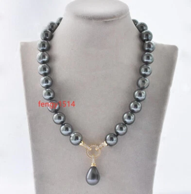 18"  AAAA 12mm Perfect Round Black Tahitian Shell Pearl Pendant Necklaces - Image 1 of 4