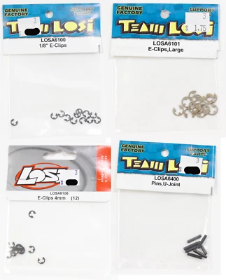 Team Losi 7 pc R/C Parts Lot: Pins (U-Joint), E-Clips 1/8", Large & 4mm - Image 1 of 4