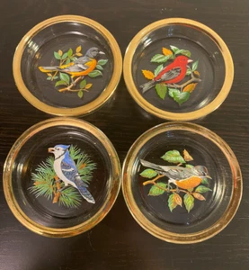 4 Wild Bird Glass Coasters Gold Trim- Robin, Scarlet Tanager, Oriole & Blue Jay - Picture 1 of 12