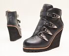 ASH Black Leather  Boots With Platform Wedge Heel and Metal Buckle Details Sz 37