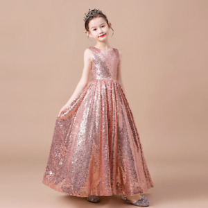 Child Girl Evening Puffy Sequin Dress Long Elegant Formal Party Ball Gown Flower