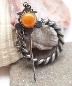 Vintage Sterling Silver Ornament Brooch Fibula With Amber 6.85 gram - Picture 1 of 6