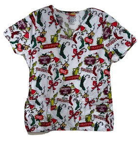 Dr Seuss Christmas Scrub Top Small Short Sleeve Vneck Pockets Grinch - Picture 1 of 4
