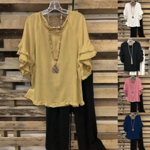 Women Ruffle Short Sleeve Tunic Shirt Blouse Summer Round Neck Casual Loose Tops - Picture 1 of 12