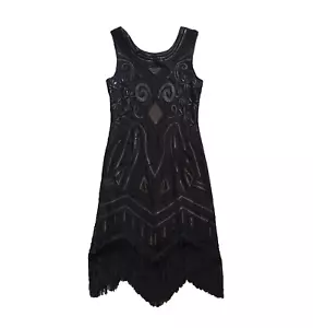 Vintage 20er Jahre schwarz Fransen Abendkleid Party Cocktail Flapper Pailletten Kostüm - Bild 1 von 9