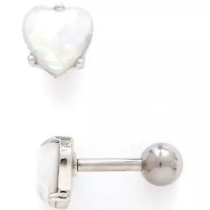 Cartilage/Tragus Ear Heart 6mm White Opalite 16 Gauge 1/4" Steel SET of 2 - Picture 1 of 3