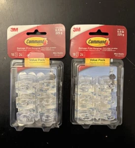 3M Command 18 Mini Clear Hooks & 24 Adhesive Strips Per Pack Max 0.5 lb 2 Packs - Picture 1 of 1
