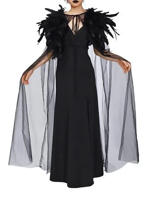 Black Feather Cape Long Gothic Witch Cloak Halloween Costume Cosplay Robe for... - Image 1 of 4