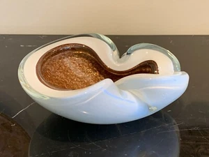 Murano Mid Century Alfredo Barbini White Gold Flecks Glass Freeform Bowl Ashtray - Picture 1 of 10