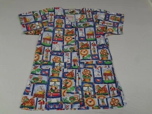 COTTONALITY SUNFLOWER BEAR DOG BUTTON UP SMALL WOMENS SCRUB UNIFORM SHIRT H1220 - Picture 1 of 6