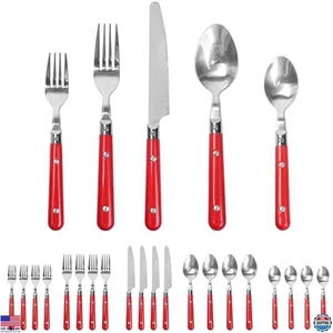 20-teiliges rotes Besteck Silberbesteck Set, Griff Kunststoff Boho Vintage farbiges Besteck, - Bild 1 von 6