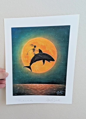 Estampa de papel Andy Van Schyndle voe-me para a lua Halloween esqueleto tubarão assinado - Imagem 1 de 4