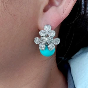 14mm Blue Sea Shell Pearl Cz Pave Flower Stud Earrings Valentines Day Jewelry - Picture 1 of 6