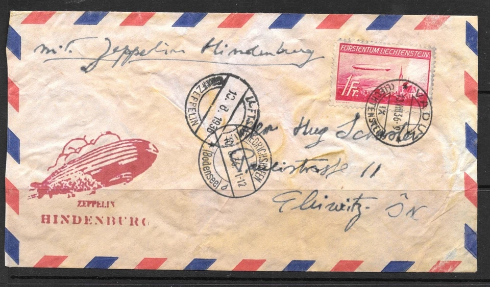 1936 ZEPPELIN COVER, FROM LIECHTENSTE VADUZ TO GLEIWITZ, HINDENBURG. FLIGHT,RARE - Image 1 of 2