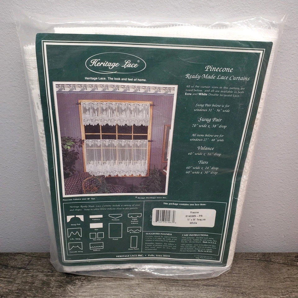  Heritage Lace Curtains Pinecone Lace Curtains White 70x38" Swag Pair NOS Sealed - Image 1 of 2